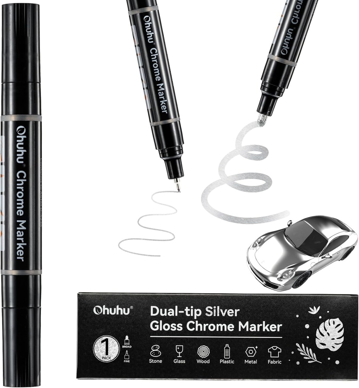 Ohuhu Chrome Paint Pen: Silver Liquid Chrome Markers with Gloss Mirror Water-Proof Lightfast Permanent Paint Markers for Repairing Metal Glass Plastic Car Tire DIY Crafts Models Posters